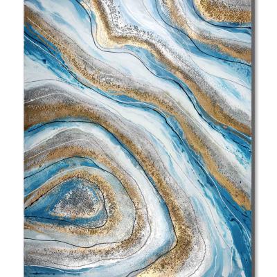 China 100% Hand Painted Abstract Gold Foil Art Block Painting Blue Modern Gold Oil Painting for sale