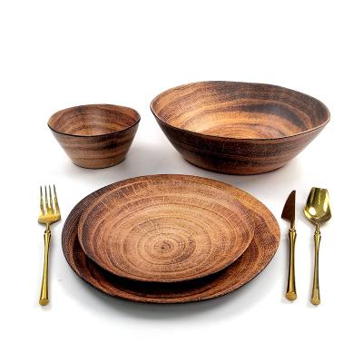 China Wholesale Stocked Popular Unbreakable Special Wooden Pattern Design Melamine Dinnerware Set For Restaurant Hotel Party for sale