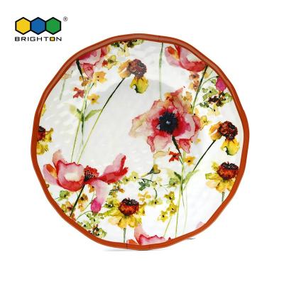 China Stocked 100% Red Melamine Flower Design 11 Inch Large Round Hammered Plates Small 9 Inch Dessert Plates For Gardens Buffet Tableware for sale