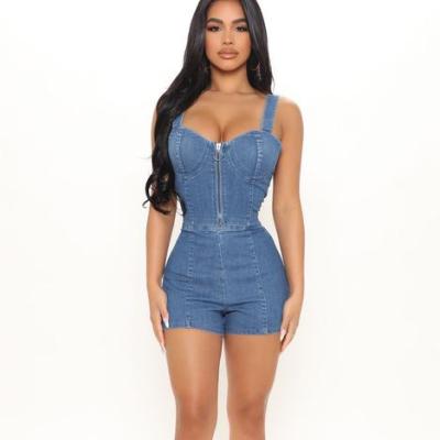 China High quality new arrival women summer denim overalls zipper overalls sexy short solid viable tank design new for sale