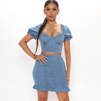 China Backless Denim Short Slim Mini Jeans Dress Front Frill Bustier Bodycon Skinny Zipper Puff Sleeve Square Fade Proof Women Summer Retro Color for sale