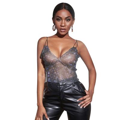 China Anti-Static Spaghetti Strap V-Neckline Clubwear Sleeveless Cropped Slim Bodycon Top CamisoleMesh See Through Rhinestone Backless Elastic Camis for sale