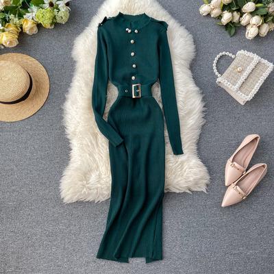 China New fashion A579 vintage autumn winter women color anti-static pure side slit maxi bandage knitting dress with belt for sale