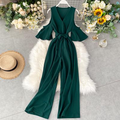 China New Fashion A582 Anti-Static Women Off Shoulder Ruffles Sleeve Long Jumpsuit With Belt for sale