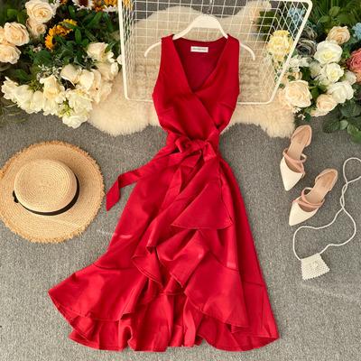 China New Arrivals A590 Anti-Static Women Fashion Red Midi Dress With Belt for sale