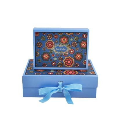 China Recyclable Custom Luxury Blue Magnetic Folding Lid Rarlon Cardboard Kraft Paper Gift Box With Ribbon for sale