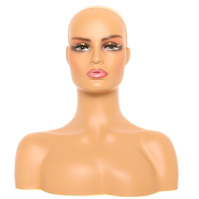 China Stand African American Face PVC Mannequin Head With Shoulders Hand Make Up Skin Color for sale