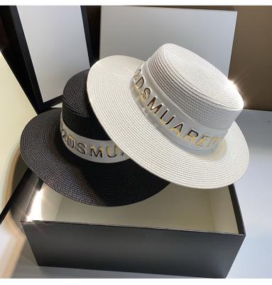 China The New Picture Ladies Women Summer Fashion Sun Protect Block Straw Hat Cap With Metallic Letters On Ribbon Accessories for sale