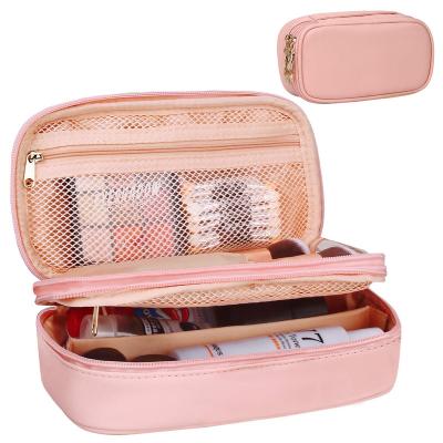 China Fashion Makeup Bag Small Travel Cosmetic Bag For Women Girls Makeup Brushes Bag Portable 2 Layer Cosmetic Case With Brush Organizer for sale