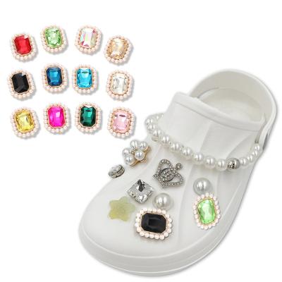 China Fashion.various Color.custom Logo wholesale Rectangular Rhinestone With Pearl Diamond Button Croc Shoe Charms Decoration Accessories For Metal Lady Croc Shoe for sale