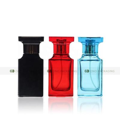 China ONO Red Square Cosmetic Luxury Empty High Quality Black Blue Rectangular Perfume Spray Glass Bottle With Design Cap for sale