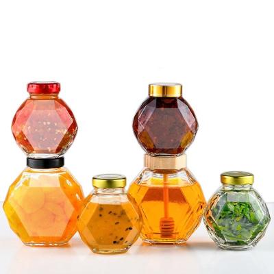 China ONO 200ml 380ml Hexagon Glass Jar Food Transparent Empty Honey Bee Storage Jars Jam Pickles With Wooden Dipper Lid for sale