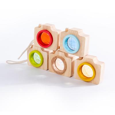 China Pine Wood Wooden Camera Toy with Multi Prism Kaleidoscope Natural Wooden Camera Pretend Play with Clear Green and Kaleidoscope Lenses for sale