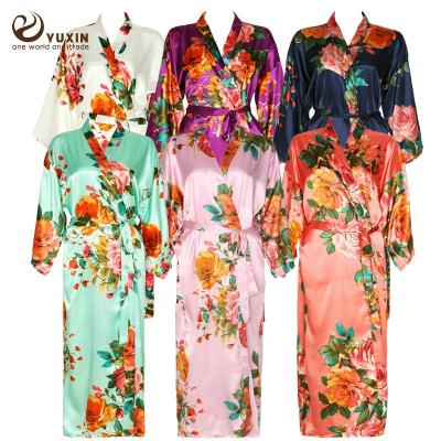 China Custom Made Breathable Floral Long Robe Bridal Bathrobe Women Silk Robe RFL005 for sale