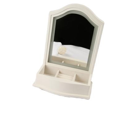 China Wooden Jewelry Box LED Light Dressing Table Small Jewelry Box with Mirror for Women Girls Ring Necklace Bracelet Ivory Color Matt Finish for sale