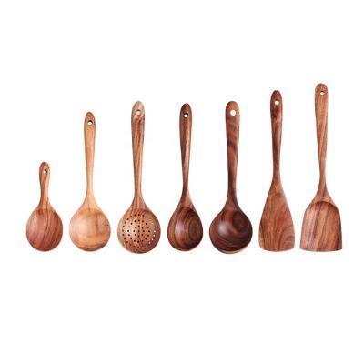 China Sustainable Wooden Kitchen Utensil Set 7 Spatula Cooking Spoons For Cooking Nonstick Cookware 100% Handmade By Natural Acacia Wood for sale