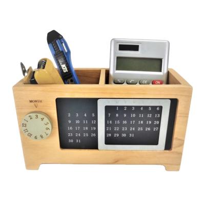 China Gift Table Practical Rectangular Container Organizer Calendar Desktop Pen Pencil Holder With Calendar Wooden Storage Box Ornaments for sale