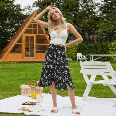 China Women Summer Breathable Clothing 2021 Irregular High Waist Zipper Ruffles Split Floral Chiffon Skirts For Women for sale