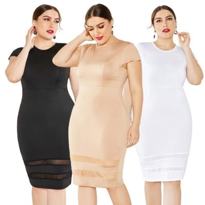 China Wholesale Breathable Dress For Summer Solid Color Shorts Chunky Sleeve Mesh Splicing Plus Size Women Bodycon Dress for sale