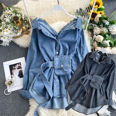 China Wholesale high quality women's breathable solid color denim shirt with belt slim waist and fashionable two-wear denim jacket dresses for sale