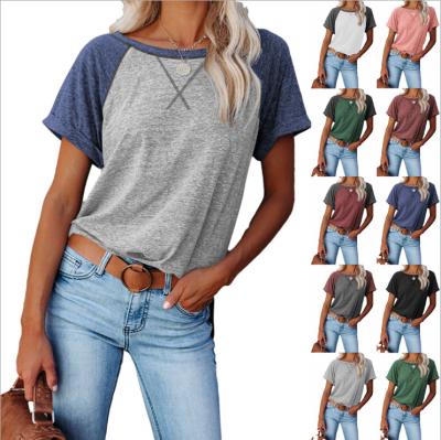 China 2022 Fashion Women Clothing Wholesale Cross Color Patchwork Anti-pilling Short Sleeve Plus Size Loose Casual T-shirts for sale