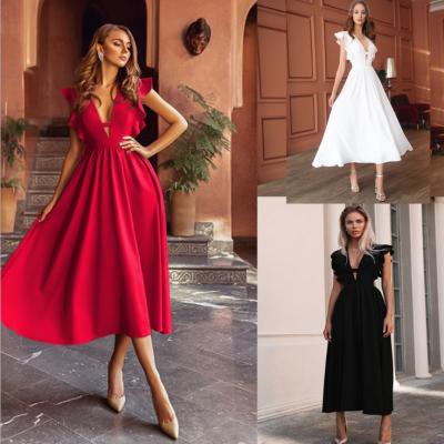 China Wholesale Anti-Static Big Swing Deep V Neck Ruffled Party Prom Dress Lady Women Long Elegant Princess Dress 2021 for sale