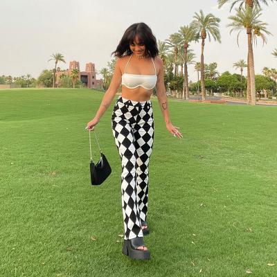 China 2021 new fashion women's fashion checkerboard print anti-pilling high waist high bell bottoms long flared pants and trousers for sale