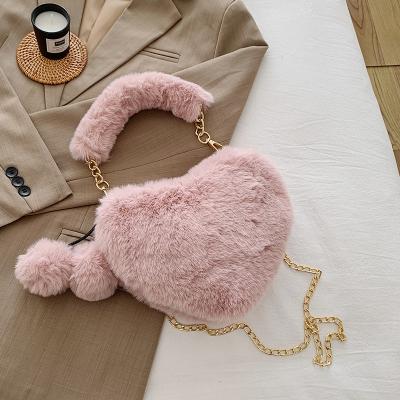 China 2021 Fashion Cute Fur Purse Pouch Soft Plush Beauty Heart Shape Purses and Purses Set Rabbit Handbags for Women Luxury for sale