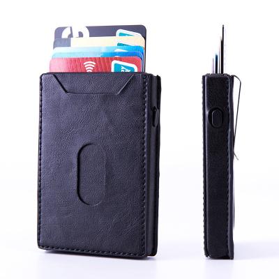 China High Quality Custom Logo Slim Carbon Fiber Wallet Metal Pop Up Credit Card Holder Mens RFID PU Leather Wallet Card Box for sale