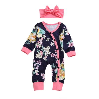 China Casual long sleeves baby romper with floral headband match baby jumpsuit set newborn baby apparel wholesale for sale