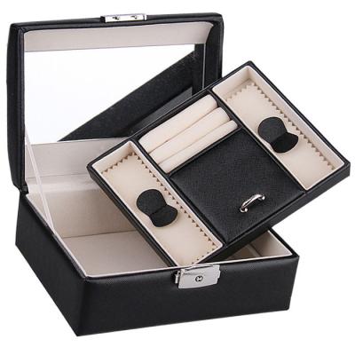 China black leather covering fashion wooden cosmetic lock box with glass for sale