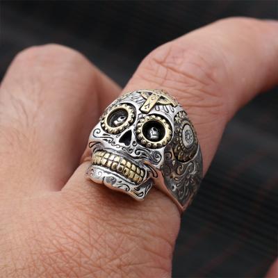 China Punk Men's Black Vintage Sterling Silver Skull Rings Carved Crosssun Flowerskeleton Ring for sale