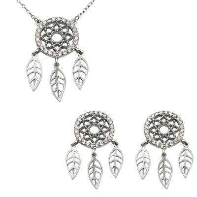 China Alibaba Silver Luxury Suit A.C.A. Cubic Zirconia Leaf Shaped Lady Silver Jewelry Set for sale