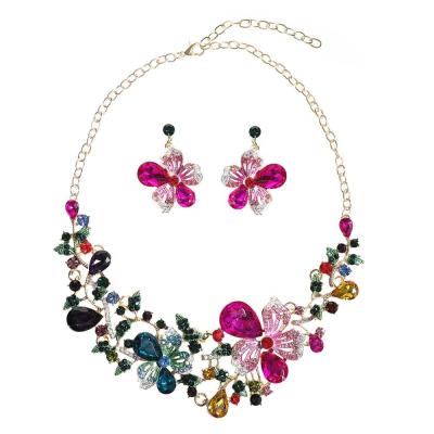 China CLASSIC Multicolor Alloy Necklace Flower Zircon Lady Costume Alloy Jewelry Gold Plated Set for sale