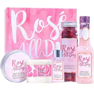 China Spa Bath Gift Set with Rose Scent Gift Baskets Spa Kit Include Essential Oil Bath Scrub Soap Bath Petals for sale