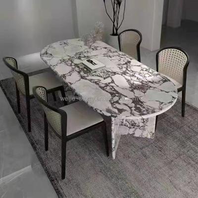 China Customized Viola Calcutta Marble Extendable Super White High Gloss White Dining Table Sets With Marble Base For 6 Seaters for sale