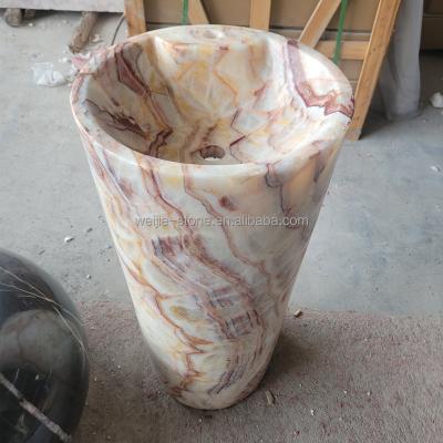 China China Cheapest Hotel Bathroom Pedestal Basin Natural Stone Sink Easy Clean White Red Brown Onyx Freestanding Basin for sale