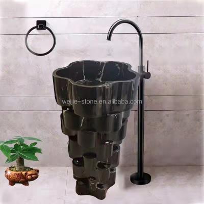 China Customized Modern Easy Clean pedestal pedestal washbasin assemnle black marble flower shape custom freestanding marble washbasin for sale