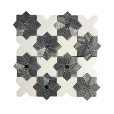 China Parquet flower marble waterjet mosaic tile white and gray marble mosaic slab waterjet backsplash for wall for sale