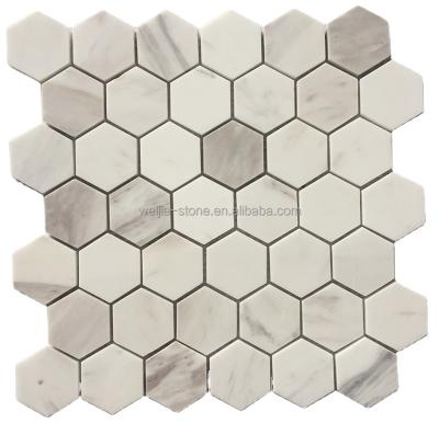 China Parquet 48x48 Volakas White Marble Flooring Mosaic Stone Hexagon For Bathroom Flooring for sale