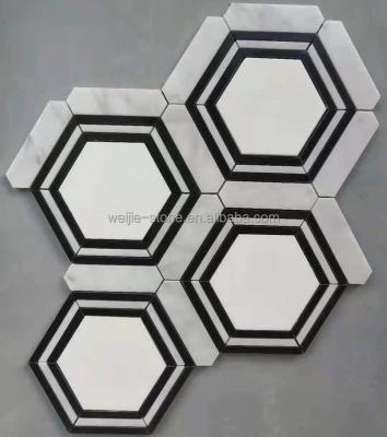 China Mix European Hexagon Shape Football Parquet Style Irregular Black White Marble Mosaic Slab for sale