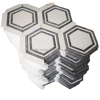 China Modern Design Volakas Mix Nero Margiua Hexagon White Marble Mosaic Slab Flooring Modern Design for Backsplash and Wall for sale