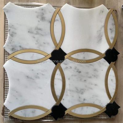 China Parquet Carrara marble mix gold brass mosaic for backsplash,waterjet brass marble mix mosaic for wall for sale