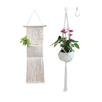 China Macrame Rope Plant Hangers Decor Basket Flower Minimalist Tapestry Woven Chic Handmade Pot Holder with Tassel Set of 2 Premium Loom Woven for sale