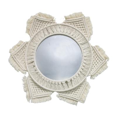 China 100% Handmade Macrame Wall Mirrors 13 in Round Mirror with Fringe Macrame Art Ornament Hanging Decorative for Apartment Bedroom Home Nursery for sale