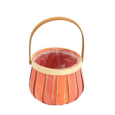 China 100% Eco-Friendly Handmade Wood Chip Basket Hold Water for Plants Flowers Fruit Woven Wall Hanging Basket for Home Decor Pumpkin Shape for sale