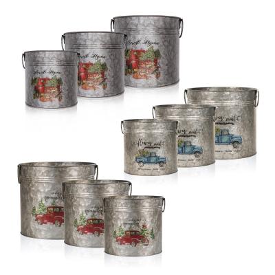 China American Style Metal Flower Bucket Galvanized Planter Farmhouse Decor Set Of 3 for sale