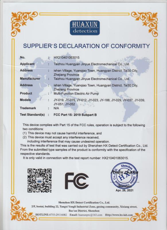 FCC - Taizhou Huangyan Jinyue Mechanical & Electrical Co., Ltd.