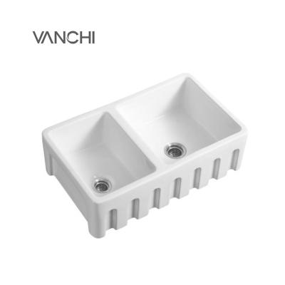 China Faucetless Customized Commercial Apron Porcelain Double Bowl Ceramic Kitchen Sink for sale