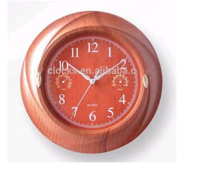 China Calendars Instruction Style Round Red Wood Grain Weather Station Quartz Wall Clock for sale